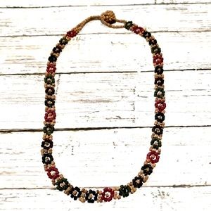Unique Choker Necklace - Small Wooden Beads Strung into Flower Design